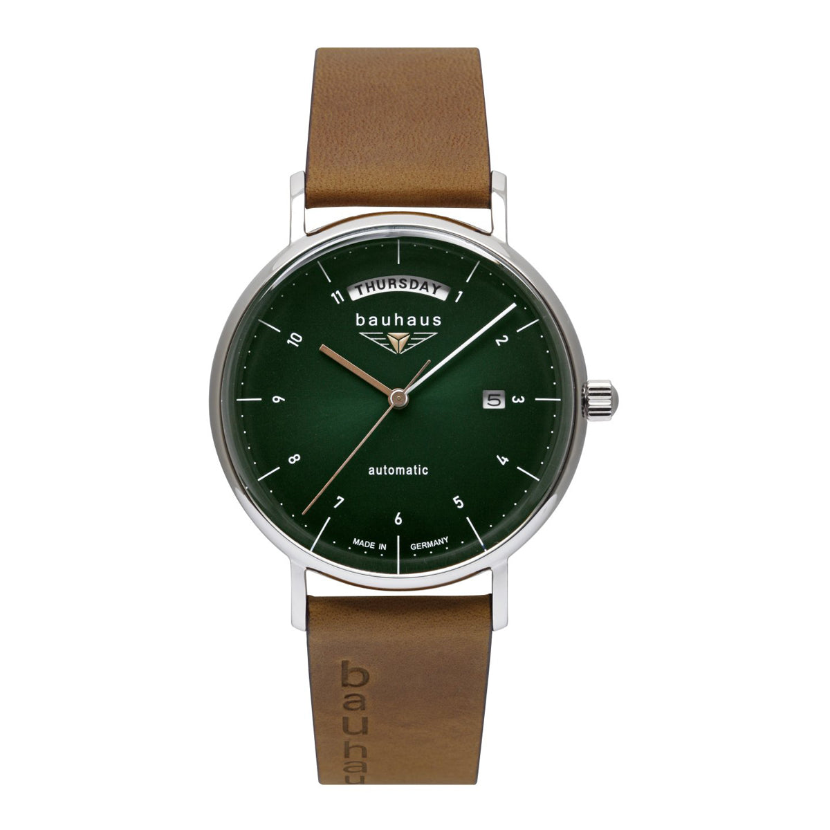 BAUHAUS AUTOMATIC MEN'S WATCH WITH DAY OF THE WEEK DISPLAY AND LEATHER STRAP - Red Army Watches