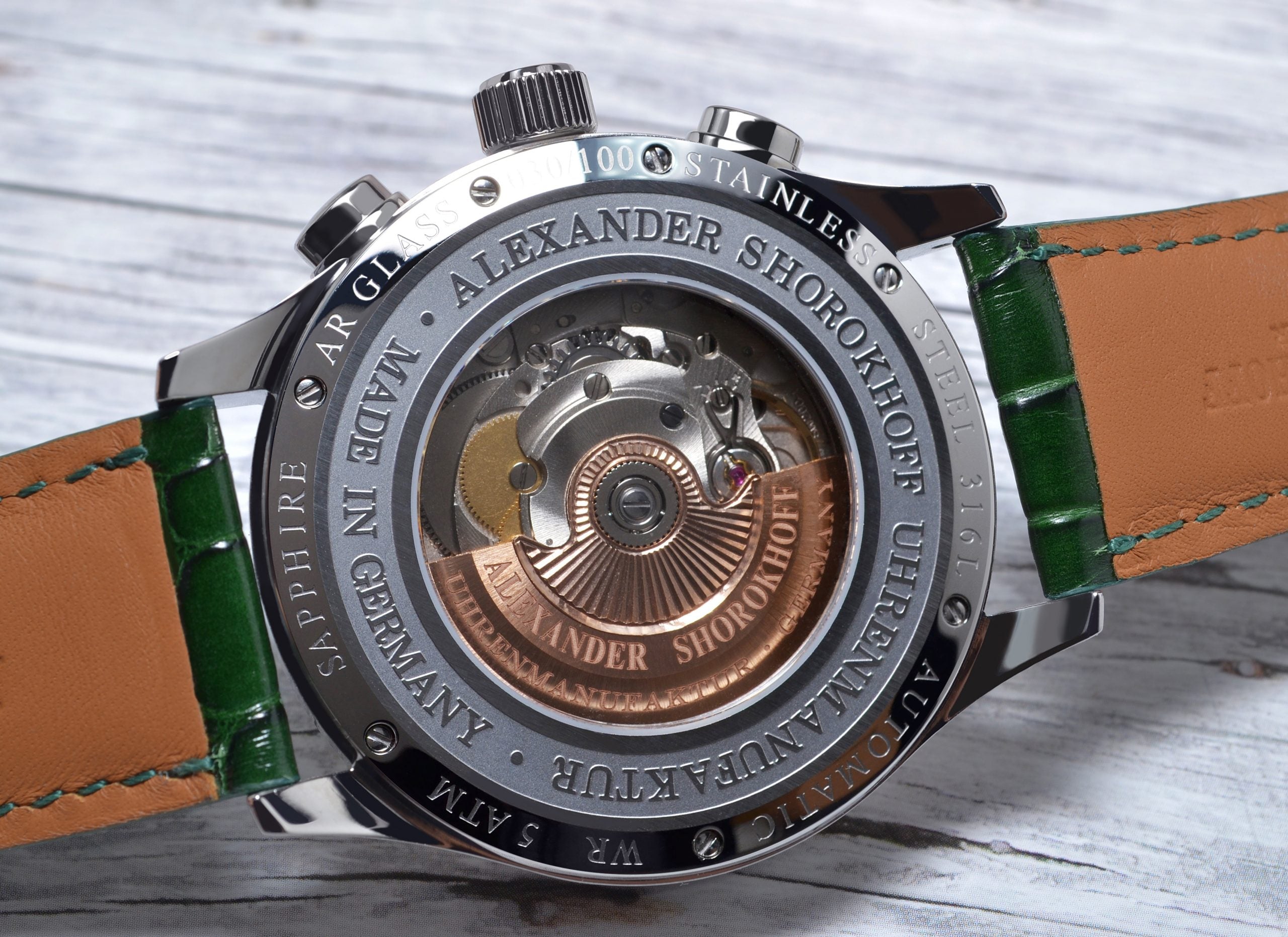 ALEXANDER SHOROKHOFF Neva Chrono Wavy guilloche green with silver sub-dials - Red Army Watches