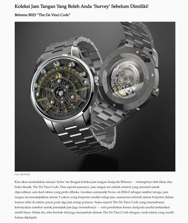 Behrens B023 "The Davinci Code" Featured in Lifestyle Asia Dec 2023