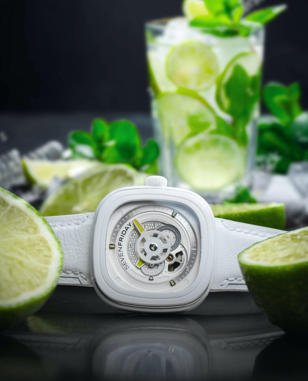 Sevenfriday "Caipi" P1C/04 features white ceramic all over with just a dash of lime.