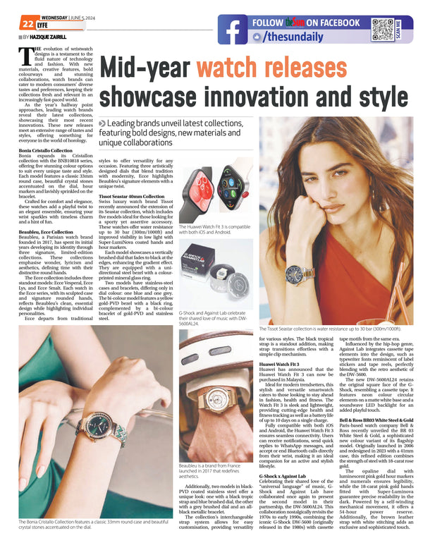 Mid-year watch releases showcase innovation and style. BEAUBLEU featured in The Sun (Print) 5 June 2024