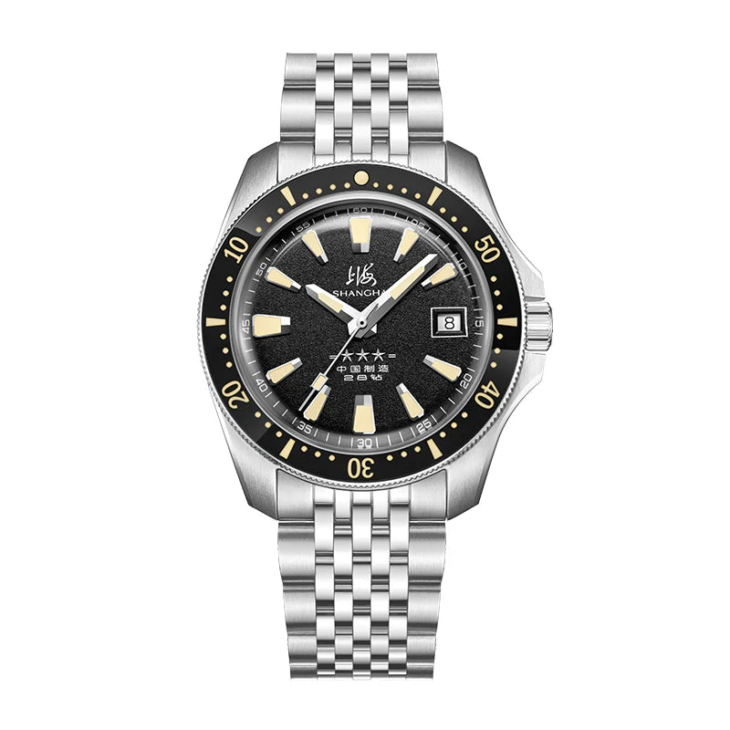 SHANGHAI 114 MILITARY DIVER WATCH 39MM BLACK DIAL GOLDEN W BRACELET - Red Army Watches 