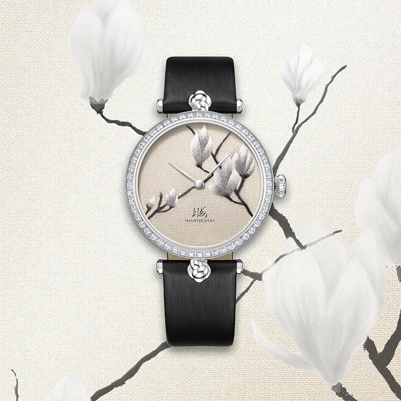 SHANGHAI MODERNE LADY MAGNOLIA WATCH BRODERIE SILVER 36MM - Red Army Watches 
