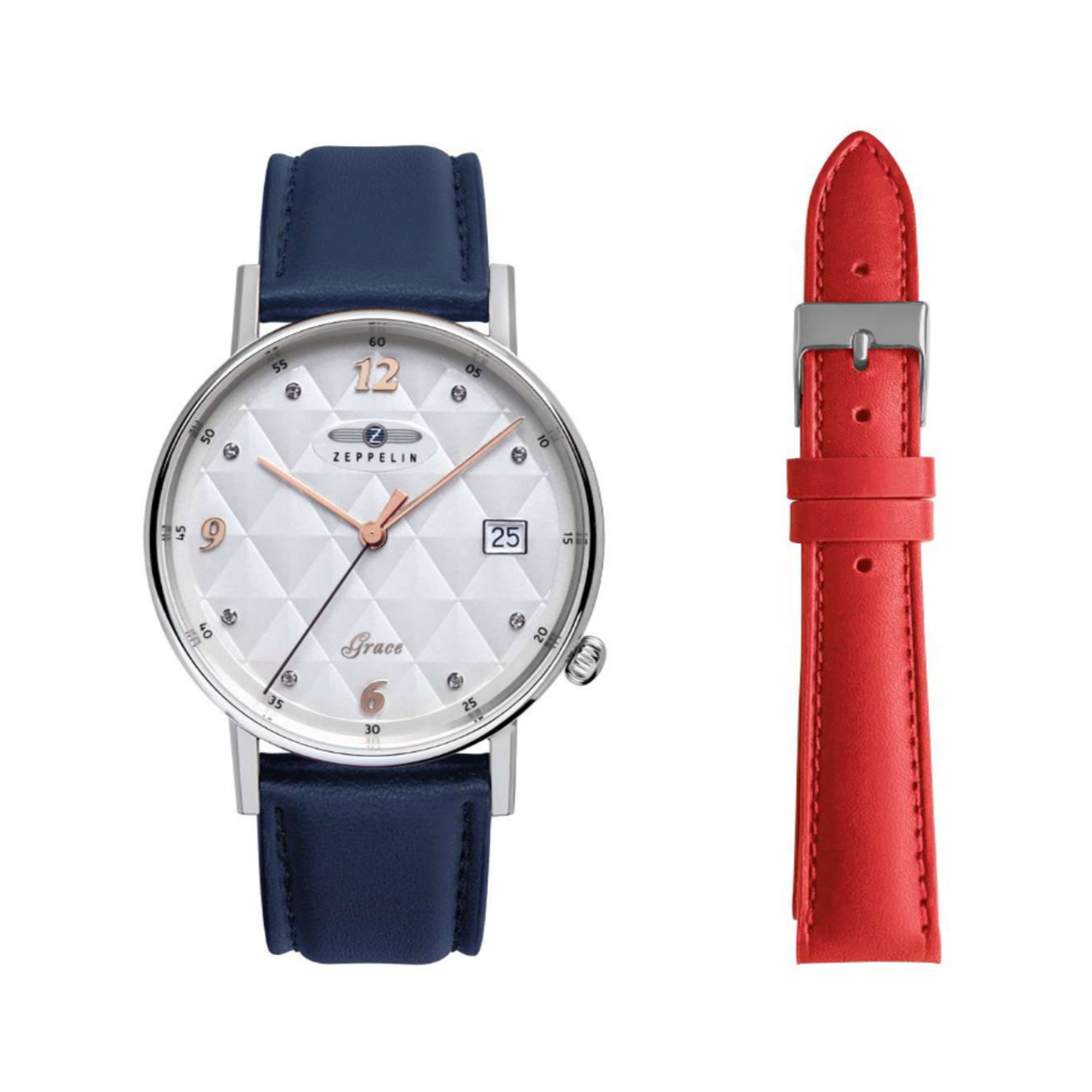 ZEPPELIN GRACE WHITE WITH DATE QUARTZ SET WITH 2 STRAPS 7441-1 - Red Army Watches 