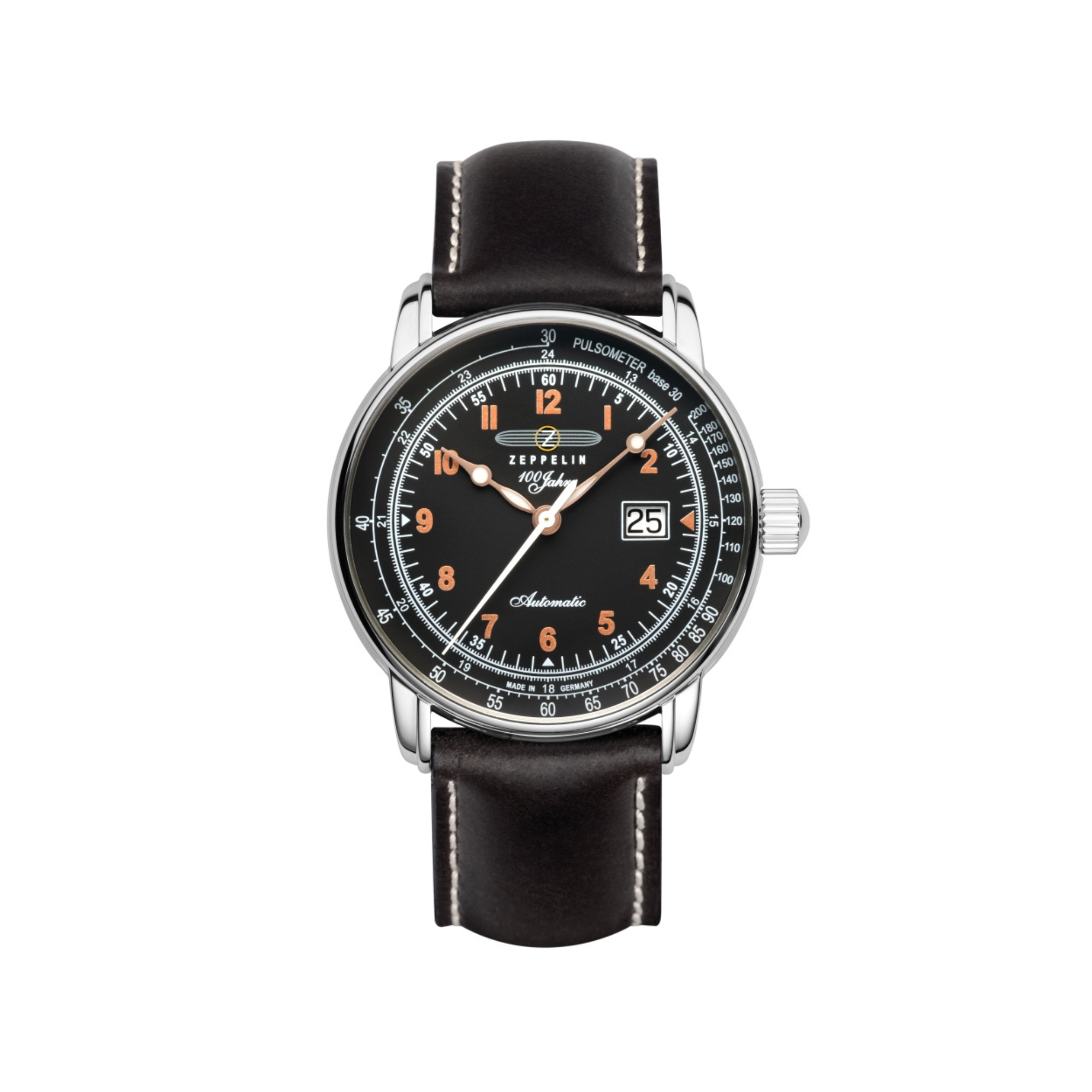 ZEPPELIN 100 JAHRE BLACK ORANGE NO. BIG DATE AUTOMATIC 7654-5 - Red Army Watches 