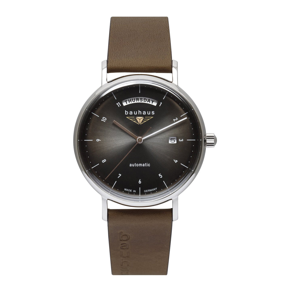 BAUHAUS AUTOMATIC MEN'S WATCH WITH DAY OF THE WEEK DISPLAY AND LEATHER STRAP - Red Army Watches 