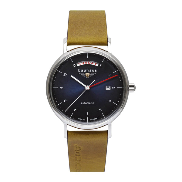 BAUHAUS AUTOMATIC MEN'S WATCH WITH DAY OF THE WEEK DISPLAY AND LEATHER STRAP - Red Army Watches 
