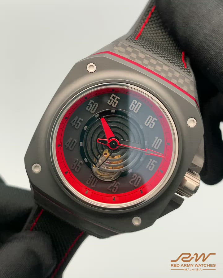 GORILLA Fastback Carbon GT Spectre - Layered case construction with woven forged carbon case, matte ceramic bezel, anodized aluminium pinstripe, screw-down titanium crown for improved water resistance 