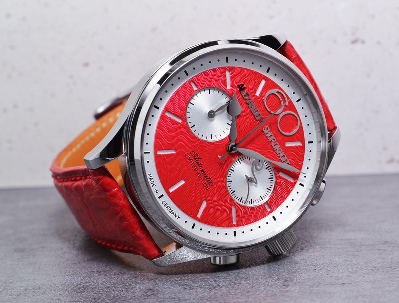 ALEXANDER SHOROKHOFF Neva Chrono Wavy guilloche red with silver sub-dials - Red Army Watches 