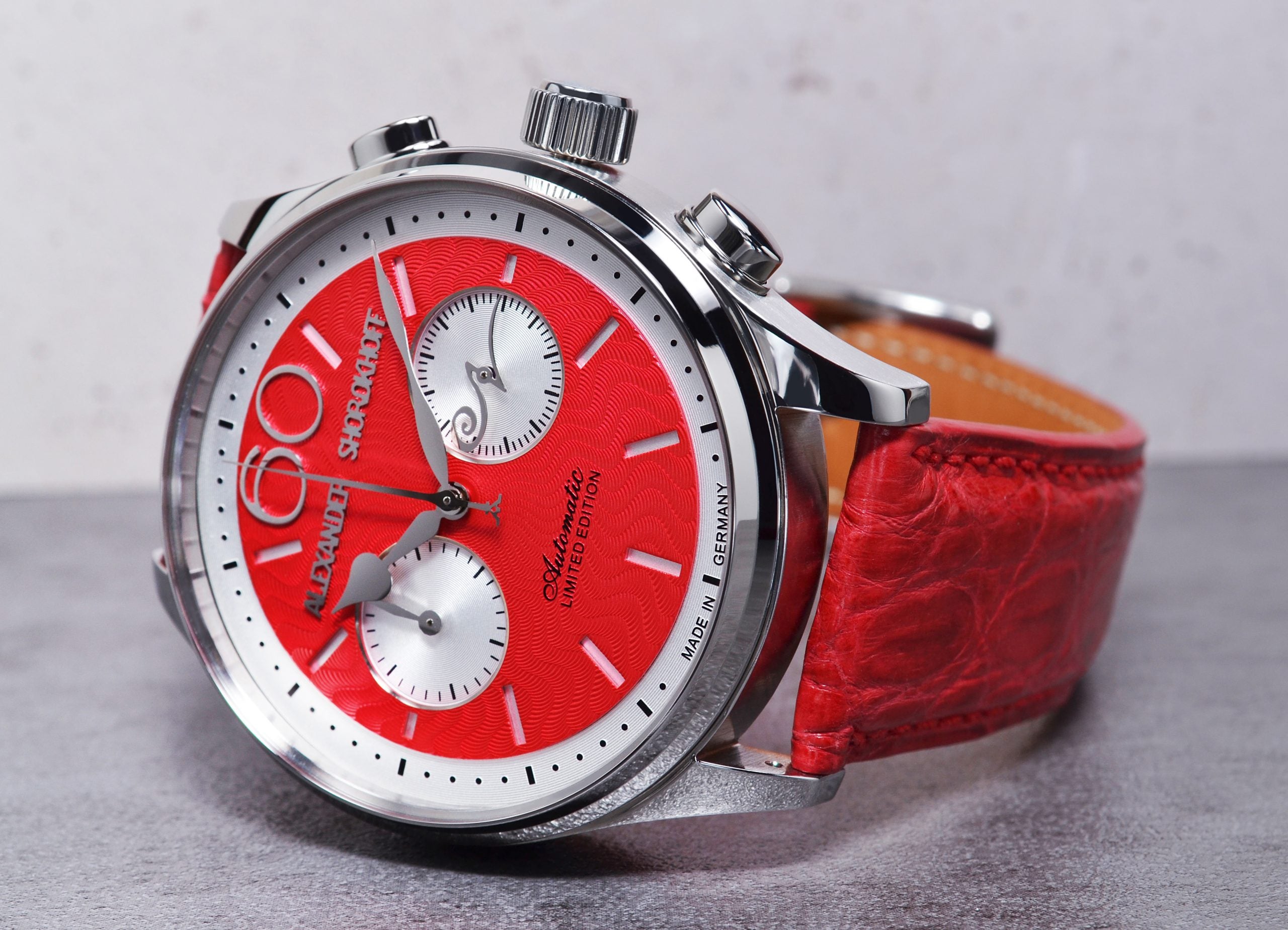 ALEXANDER SHOROKHOFF Neva Chrono Wavy guilloche red with silver sub-dials - Red Army Watches 