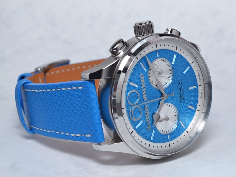 ALEXANDER SHOROKHOFF Neva Chrono Wavy guilloche blue with silver sub-dials - Red Army Watches 