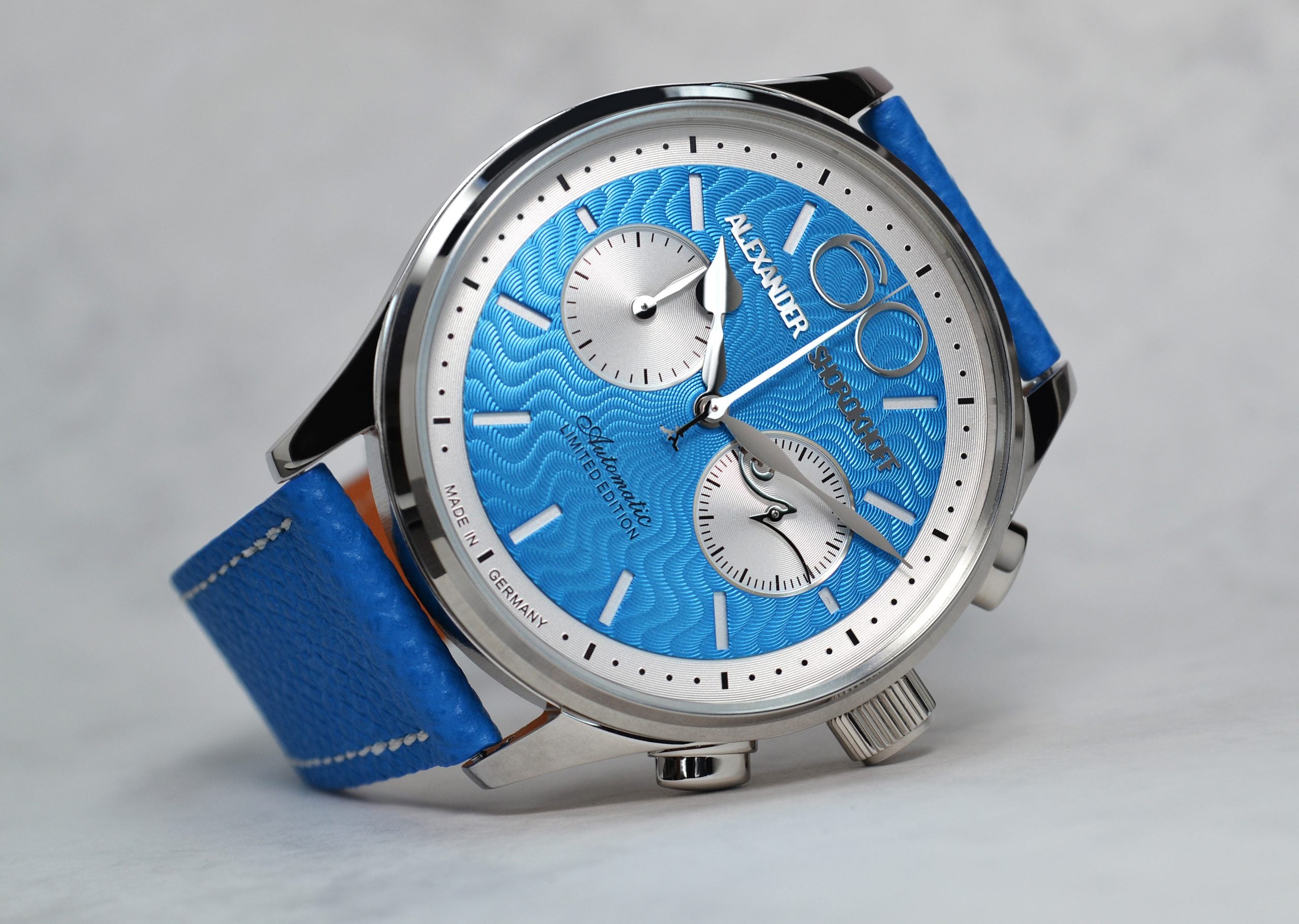 ALEXANDER SHOROKHOFF Neva Chrono Wavy guilloche blue with silver sub-dials - Red Army Watches 