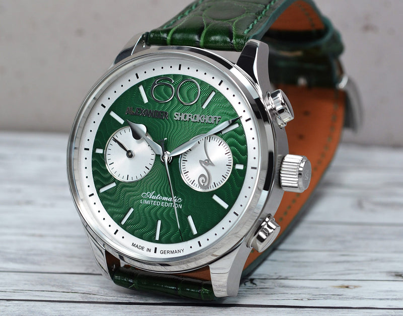 ALEXANDER SHOROKHOFF Neva Chrono Wavy guilloche green with silver sub-dials - Red Army Watches 